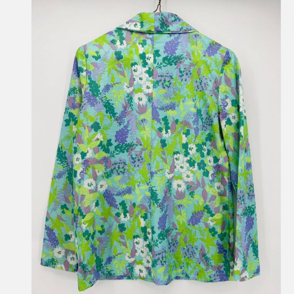 Retro Floral Polyester Pointed Collar Shirt LSV Green Blue Purple M - Picture 3 of 6